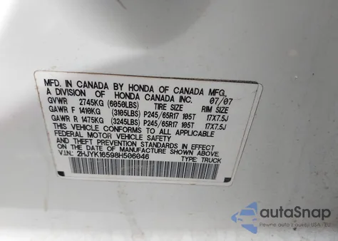 2008 Honda Ridgeline Rtl from USA, damaged, VIN 2HJYK16598H506046